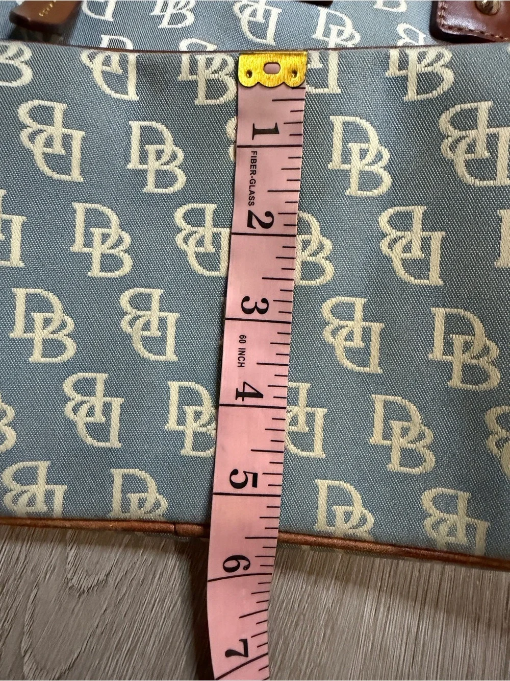 Dooney & Bourke Light Blue Monogram Tote with Brown Leather Trim
